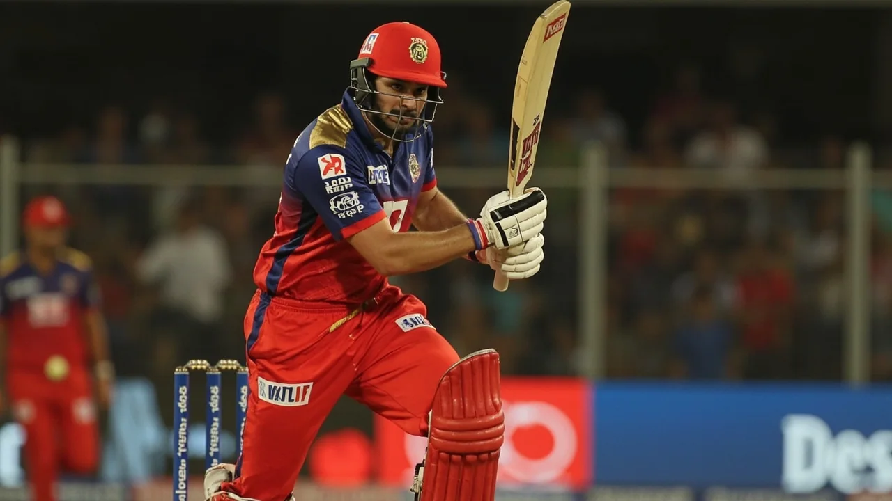 A Rajasthan Royals opener plays through the line on the off side during a powerplay over at an Indian venue, with close-catching fielders visible in the background.