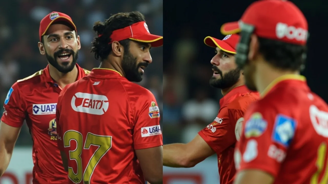 A Rajasthan Royals pace bowler runs in to deliver during a powerplay over, with a slip cordon set and close-catching fielders visible behind the batter.